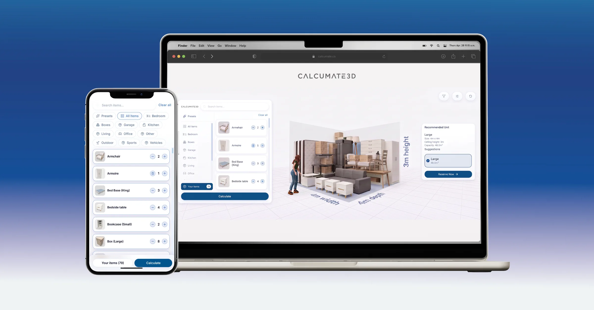 Calcumate3D en un portátil y un teléfono: selección de artículos a la izquierda, la unidad de almacenamiento llena en 3D interactivo en el centro y el tamaño de unidad recomendado con un botón Reservar ahora a la derecha.