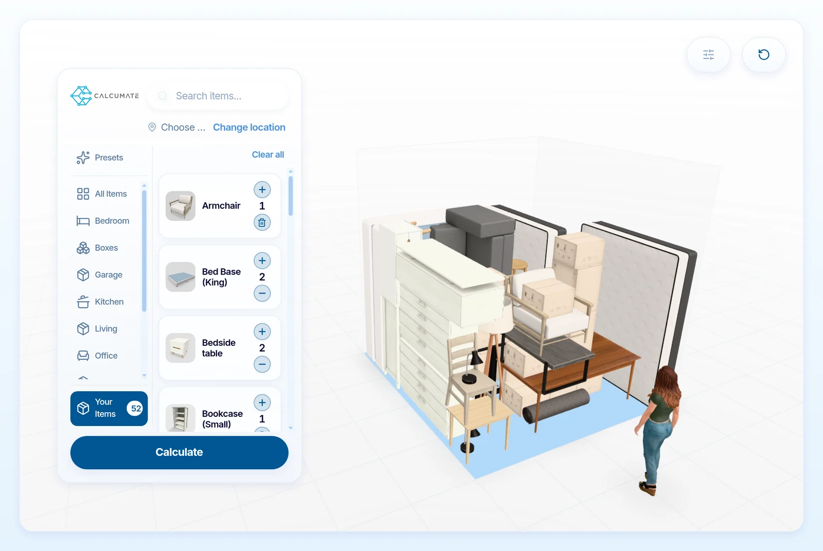 3D 모델 썸네일과 수량 조절 버튼이 있는 카테고리별 가구를 보여주는 Calcumate3D 항목 선택 화면.