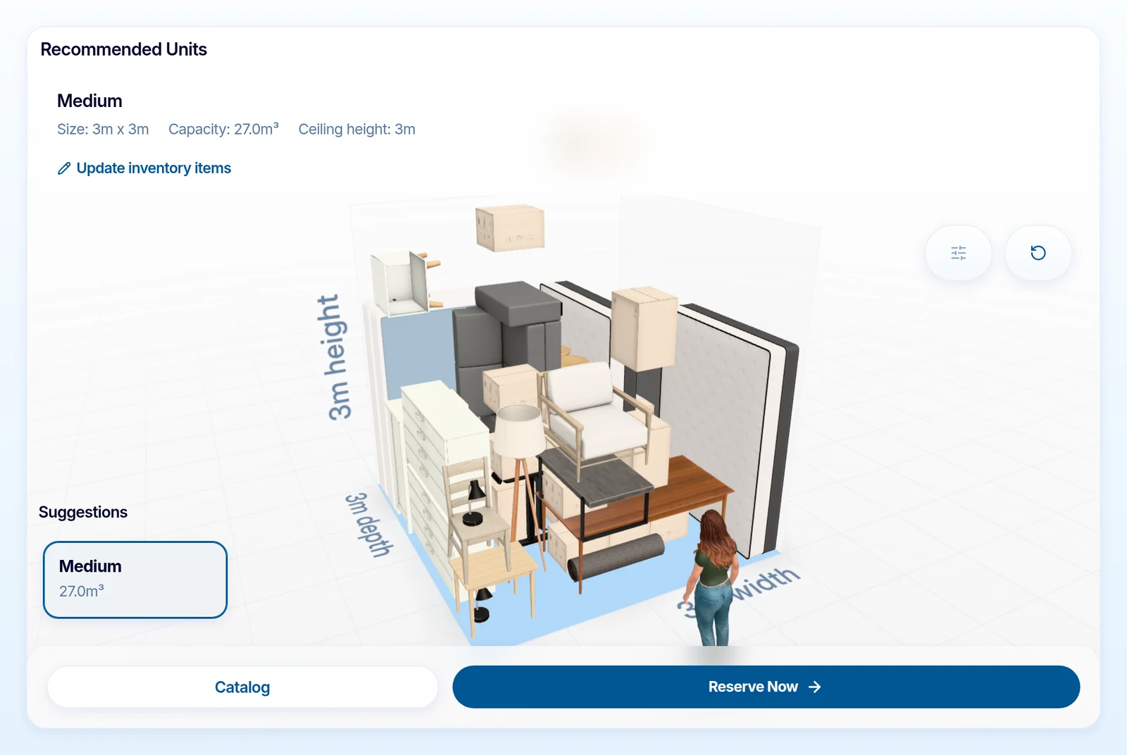 크기 비교용 인물과 함께 3D로 채워진 추천 3m x 3m 유닛을 보여주는 Calcumate3D 결과 화면.