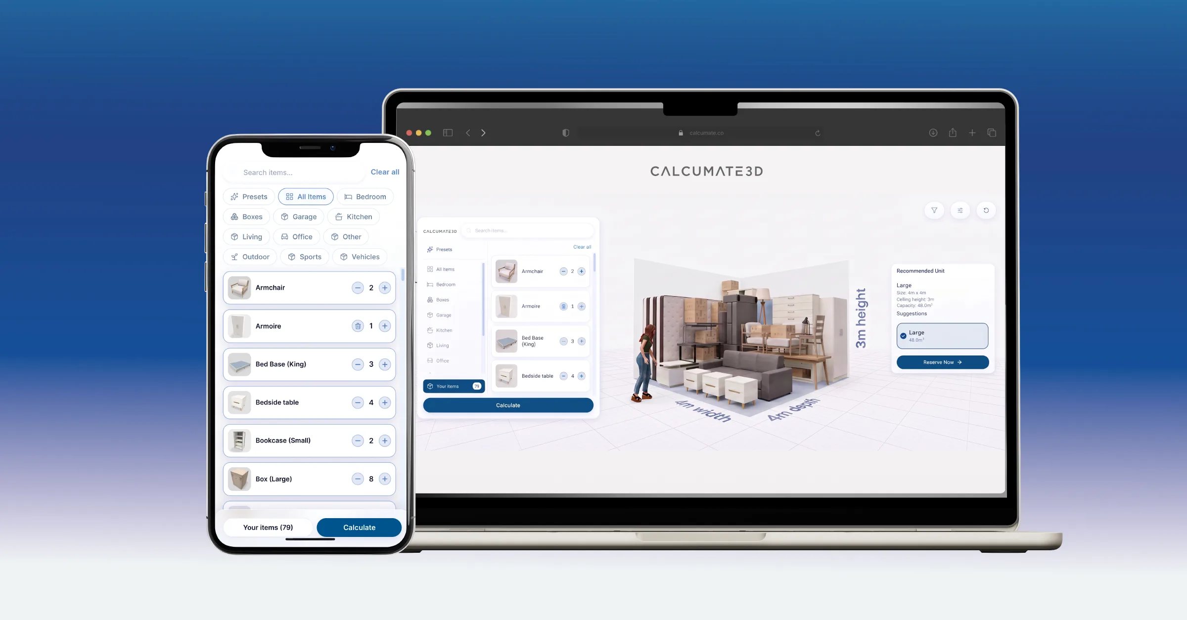 Calcumate3D shown on a laptop and a phone: item selection on the left, the packed storage unit in interactive 3D in the centre, and the recommended unit size with a Reserve Now button on the right.
